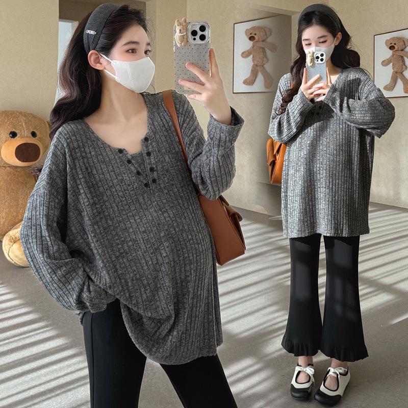 

2026 Spring Flocked Ribbed Maternity T-Shirt - Plus Size, Drop Shoulder, Casual Loose Inner Layer M серый