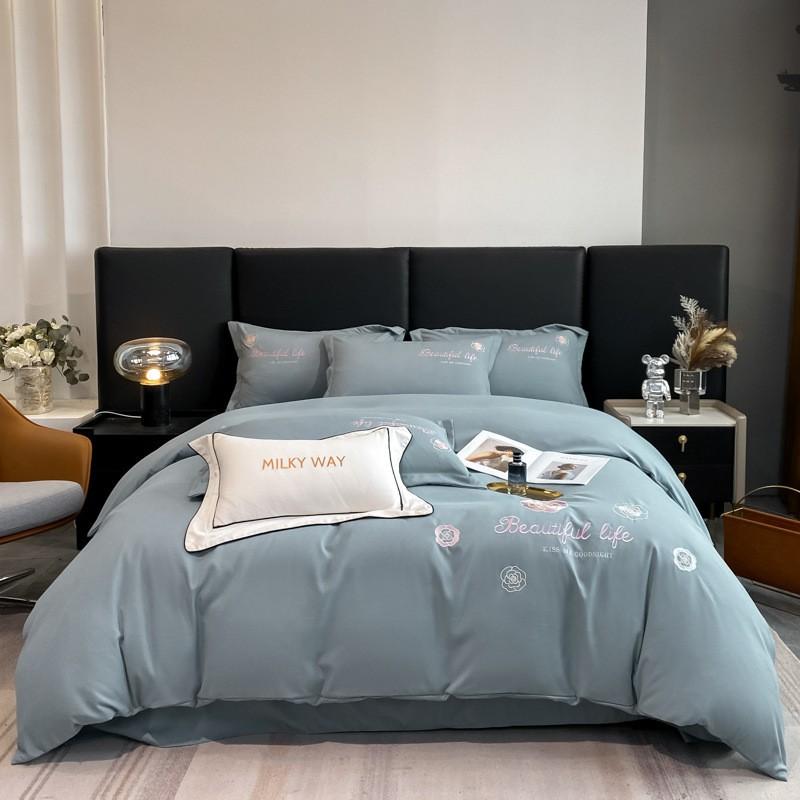 Luxury Embroidered Brushed Cotton Blend Bedding Set Solid Color Thickened Duvet Cover Sheet Pillowcases European Style All Season
