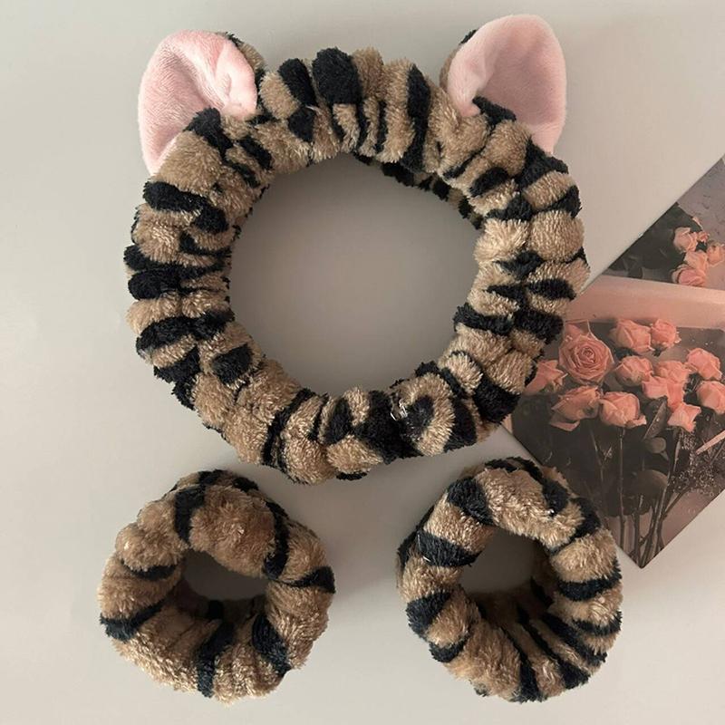 3 Stück/Set Niedliche Katze Ohr Leopardenmuster Plüsch Stirnband Für Frauen Mädchen Spa Gesicht Waschen Und Make-up Stirnband Elastisches Handgelenkband
