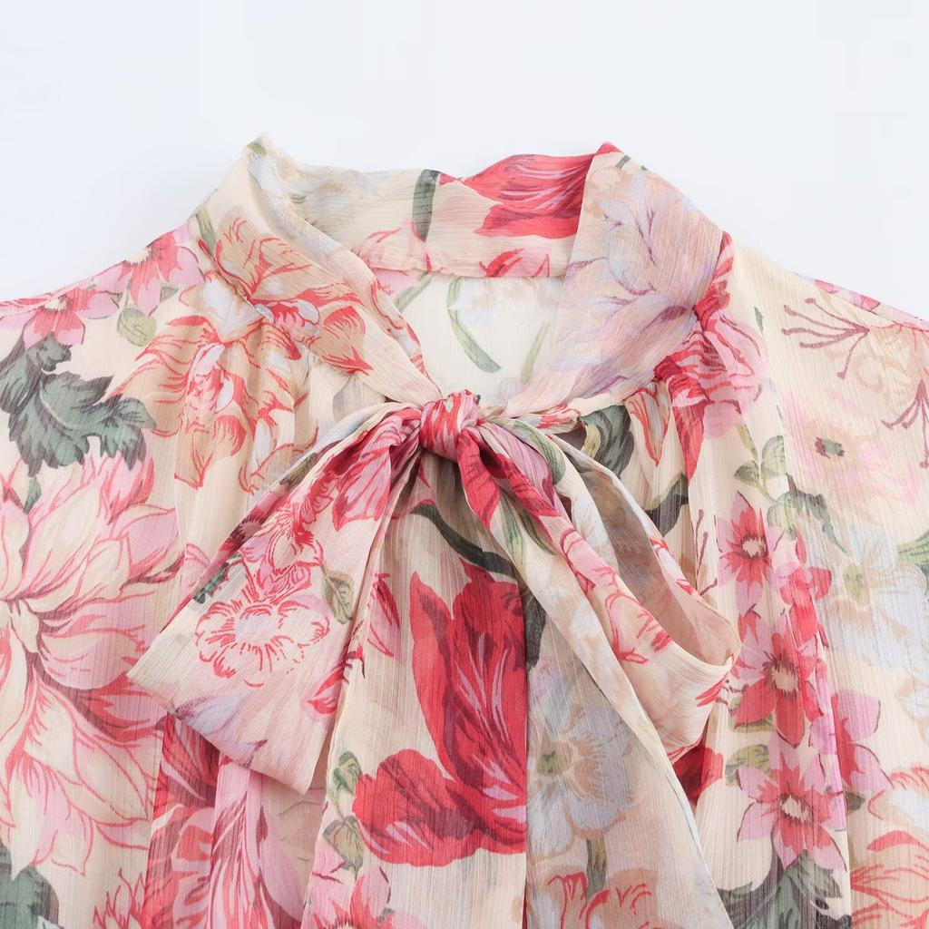 Spring new women's clothing, European and American style fashion with belt flower print Midi dress