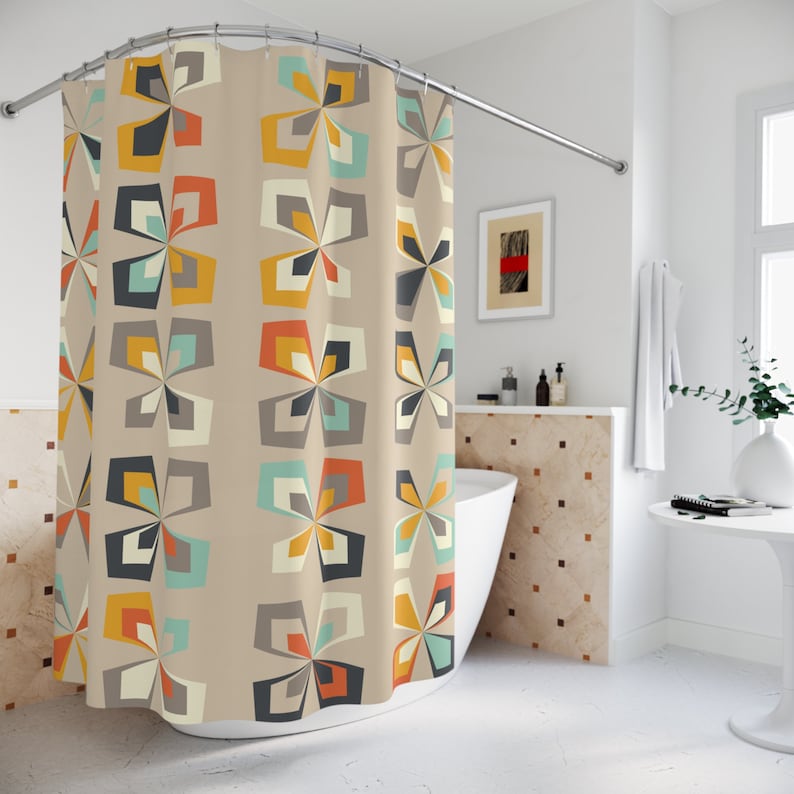 Retro 60s 70s Mid Century Modern Shower Curtain - Abstract Vintage Floral | Brown, Orange & Teal MCM Bathroom Decor
