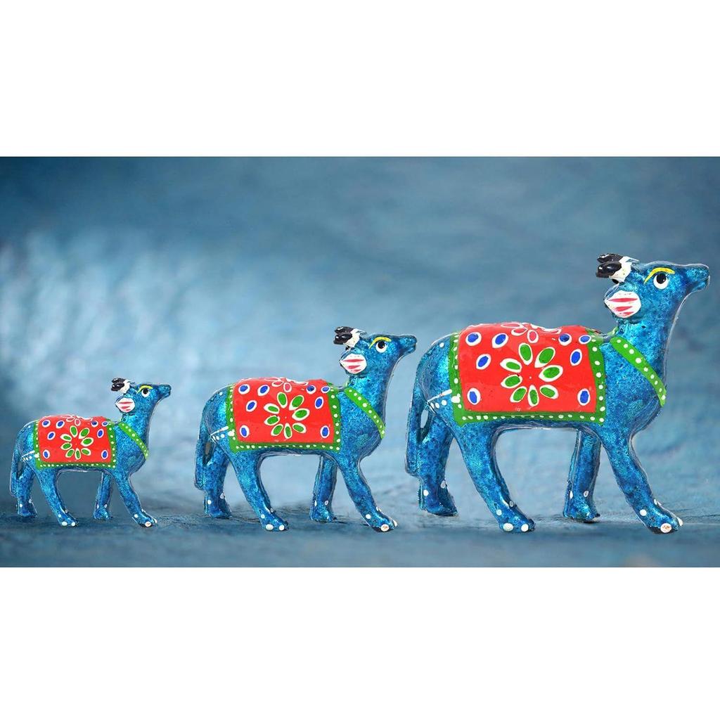 Paper Mache Showpiece Cow for Home Decoration (Sky Blue, Set of 3)