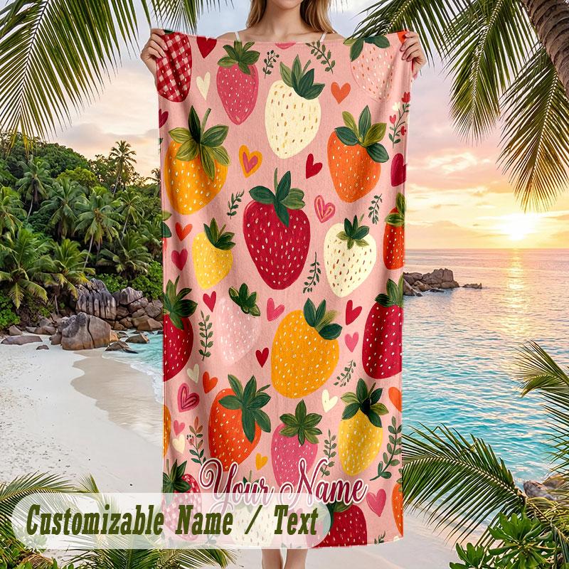 Strawberry Garden Theme Quick Dry Beach Towel Custom Name Text Print Large Sand Resistant Towel Beach Vacation