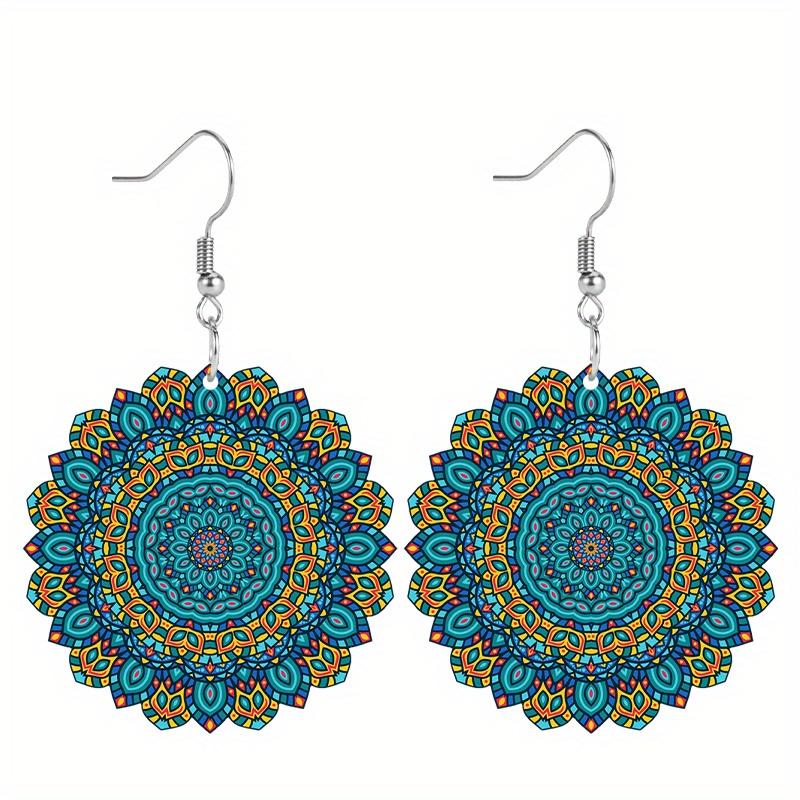 Red/Green Bohemian Mandala Acrylic Earrings for Women Colorful Fashion Earrings Novel and Elegant Earring Jewelry for Holiday Party