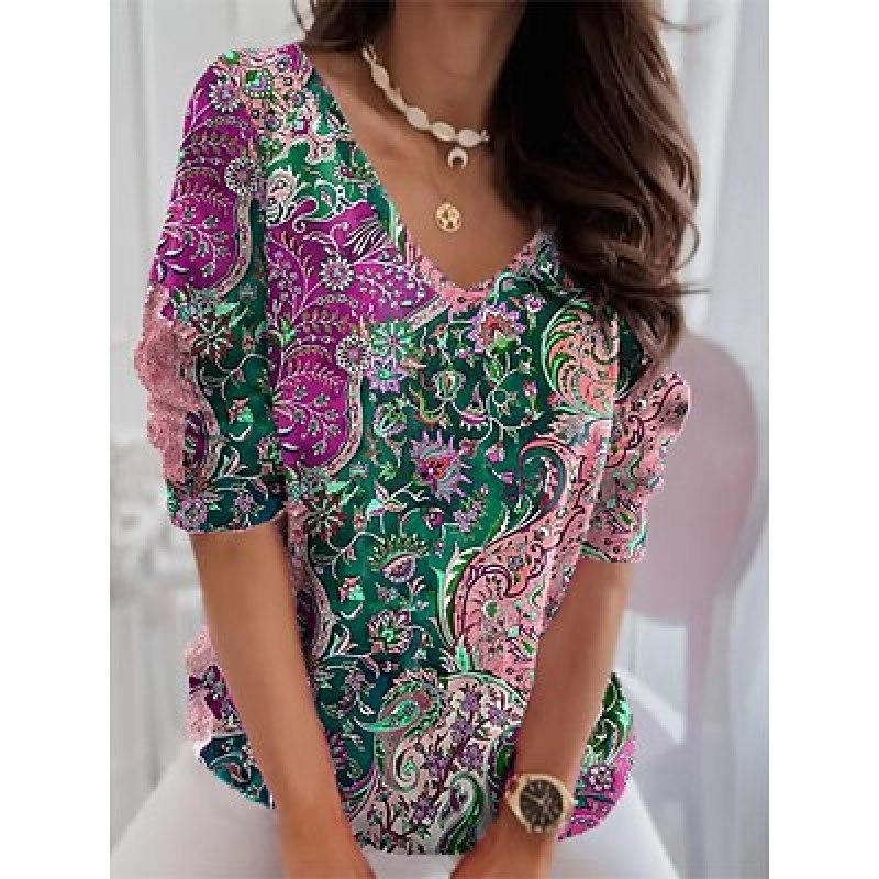 Women's T shirt Tee Graphic Daily Weekend Red Blue Purple Print Long Sleeve Fashion V Neck Regular Fit Spring &  Fall