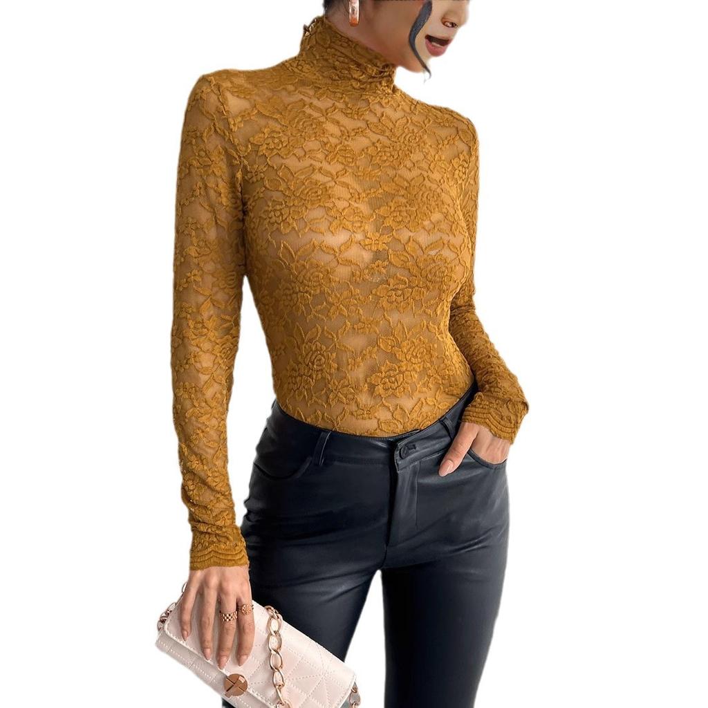 Spring Women's Lace Long Sleeve Stretch High Neck T-Shirt