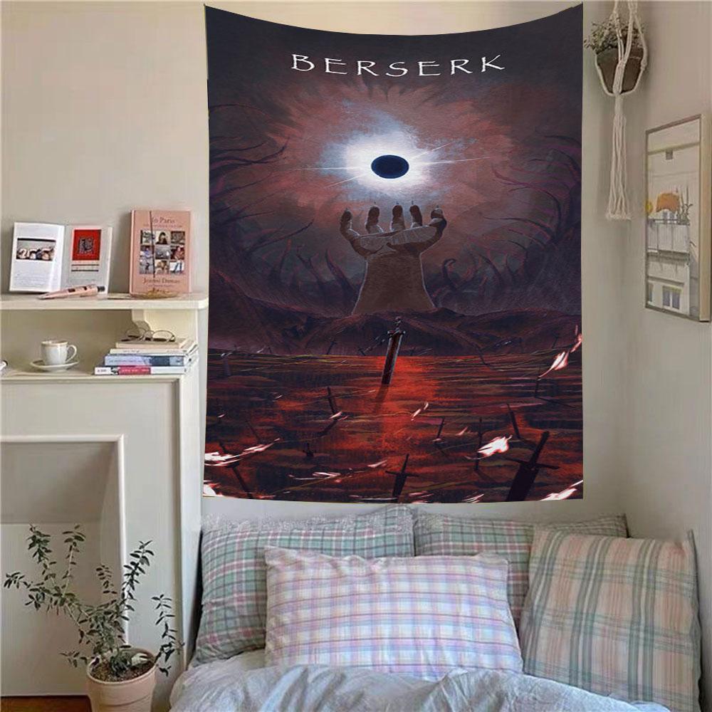 Hot Classic Anime Berserk Poster Tapestry Wall Hanging Fabric Interior Decor Tapestry Fans Room Aesthetic Decor Background Cloth