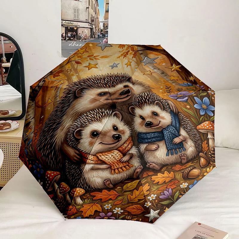 Autumn Hedgehog Family Umbrella 8-Frame for Travel, camping, Casual Lightweight Portable Umbrella, Essential for every family Holidays Gift