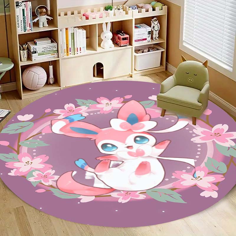 Kawaii Sylveon Theme Round Area Rug Pink Fairy Pattern Circular Rug Kids Girls Bedroom Gamer Room Decor