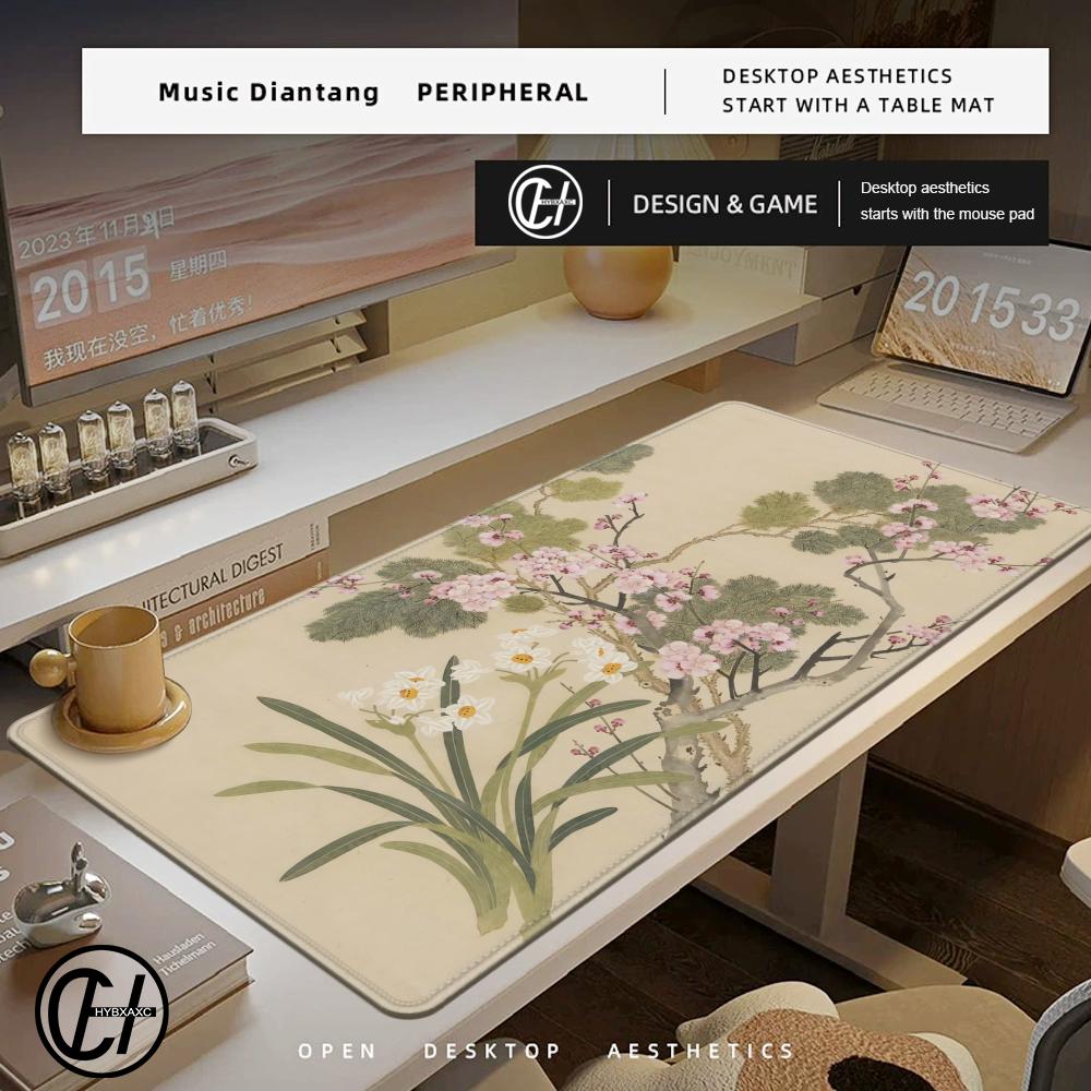 HYBXAXC Office Desktop XXL Keyboard Pad Natural Rubber Non-Slip Mouse Pad Chinese Style Flower And Bird Painting Gamer Mousepad