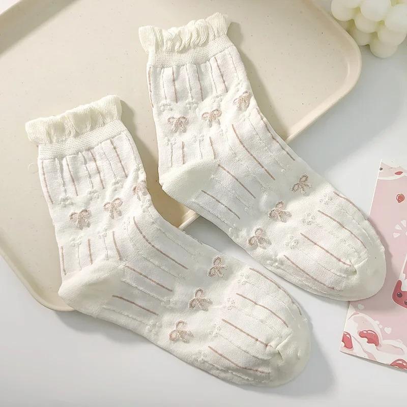 Simple White Socks Versatile Lovely Bowknot Small Flowers Women's Medium Tube Socks kawaii Harajuku jk Lolita Girls Cotton