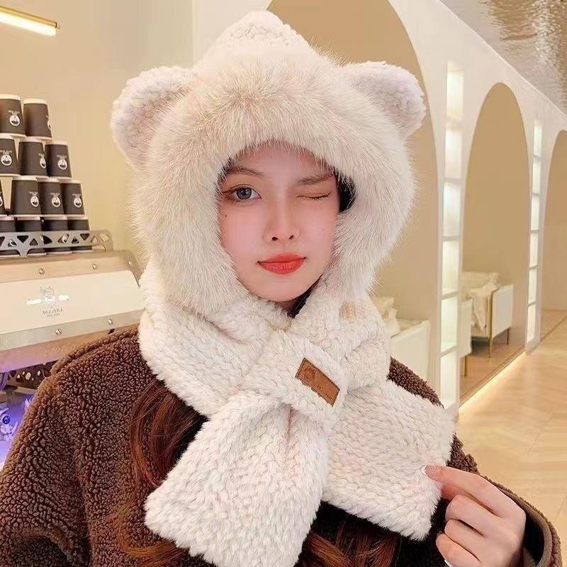 Plush hat women's new winter plush thickened warm bag head hat neck scarf hat integrated