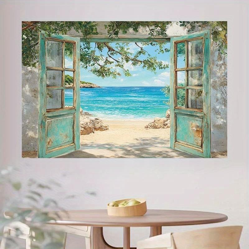 1pc, 2D flat, sea view window beach theme background - for photography background, home decoration, summer decoration, wsj