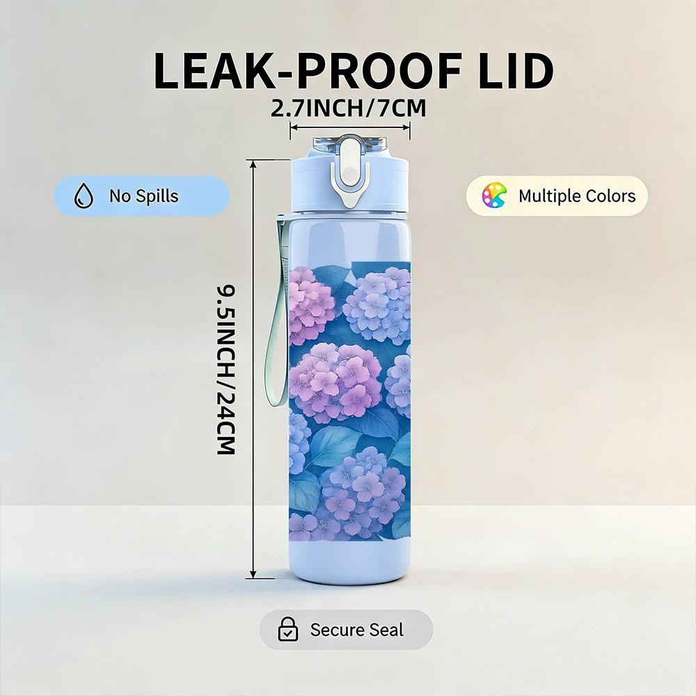 1PC Purple Hydrangea Flower 750ml Color Plastic Sports Water Bottle Leakproof Flip Straw Lid Suitable for Sports Office Home Use