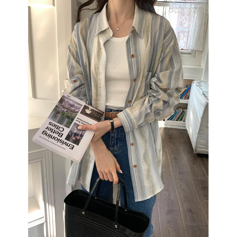 

Контрастная рубашка в полоску с комбинированным цветом, женская весна-лето, новая свободная рубашка с длинными рукавами и солнцезащитным кремом S синий