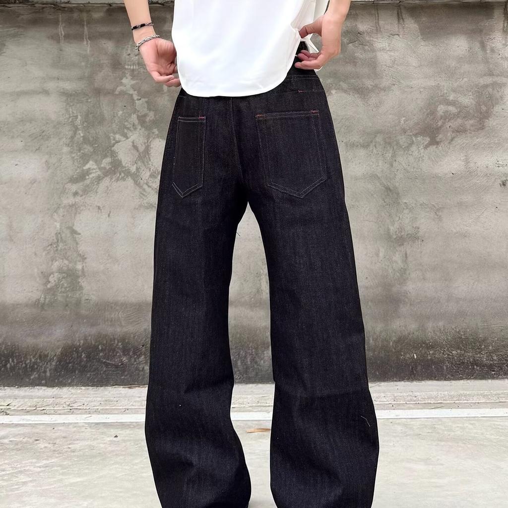 Amerikanischer Retro-Design-Sinn mit schrägem Knopfleisten-Einknopf-Design Schwarze Weitbein-Jeans für Herren und Damen Lockere lässige vielseitige Hosen Trend