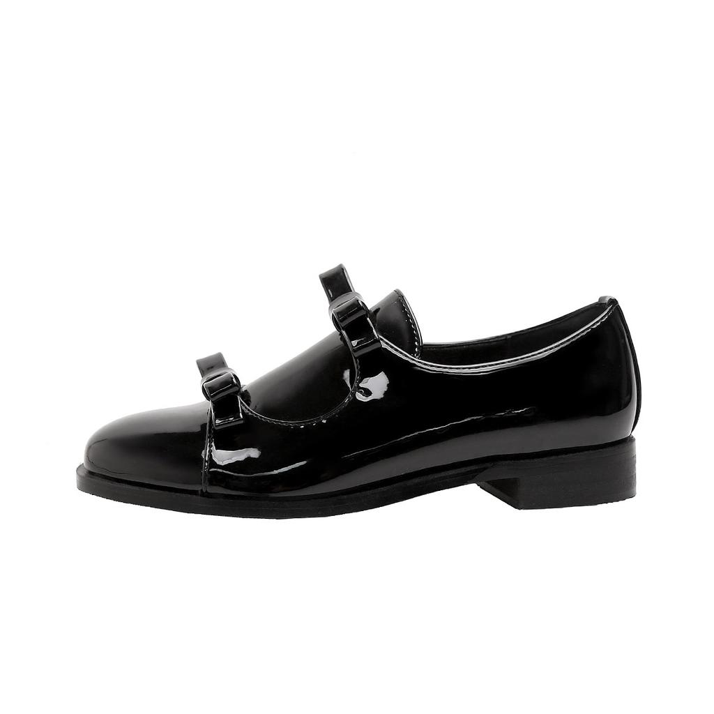 Cowhide Version~ Bow Small Leather Shoes Women's Thick-soled Inner Height Increase Leather Black Low-heeled Single Shoes