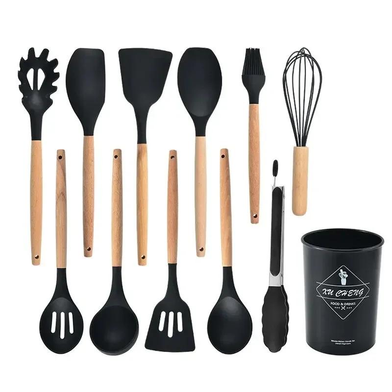 

12pcs Premium Silicone Kitchen Utensils With Ergonomic Wooden Handles Effortless Cooking Non-Stick Cookware Pan Kitchen Supplies чорний