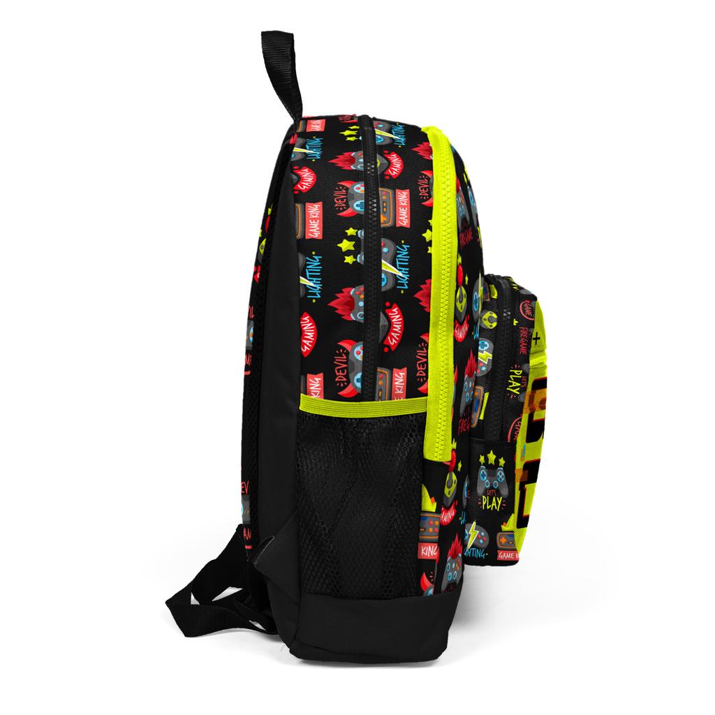 coral high Rucsac școlar pentru copii, negru, galben neon, cu model Game Over, cu patru compartimente și USB, 23828