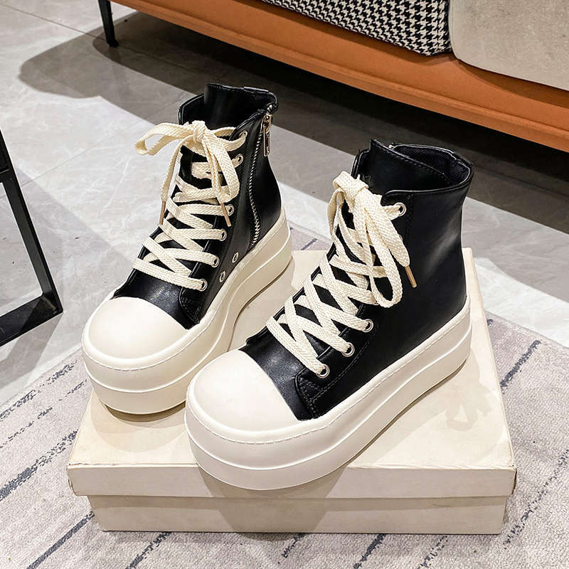 Women Punk High Top Sneakers Canvas Platform Heels Designer Elevator Shoes Lace Up Zip High Street Autumn Flats Black Boots