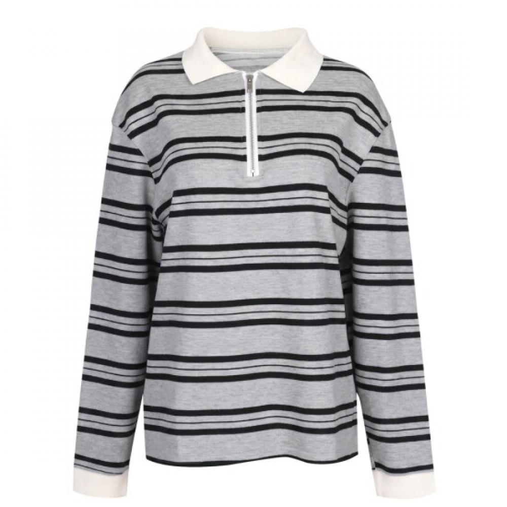 Shop Women Collar Half Zip Stripe Retro Loose Ls Tee Gray Naru Wsh260057