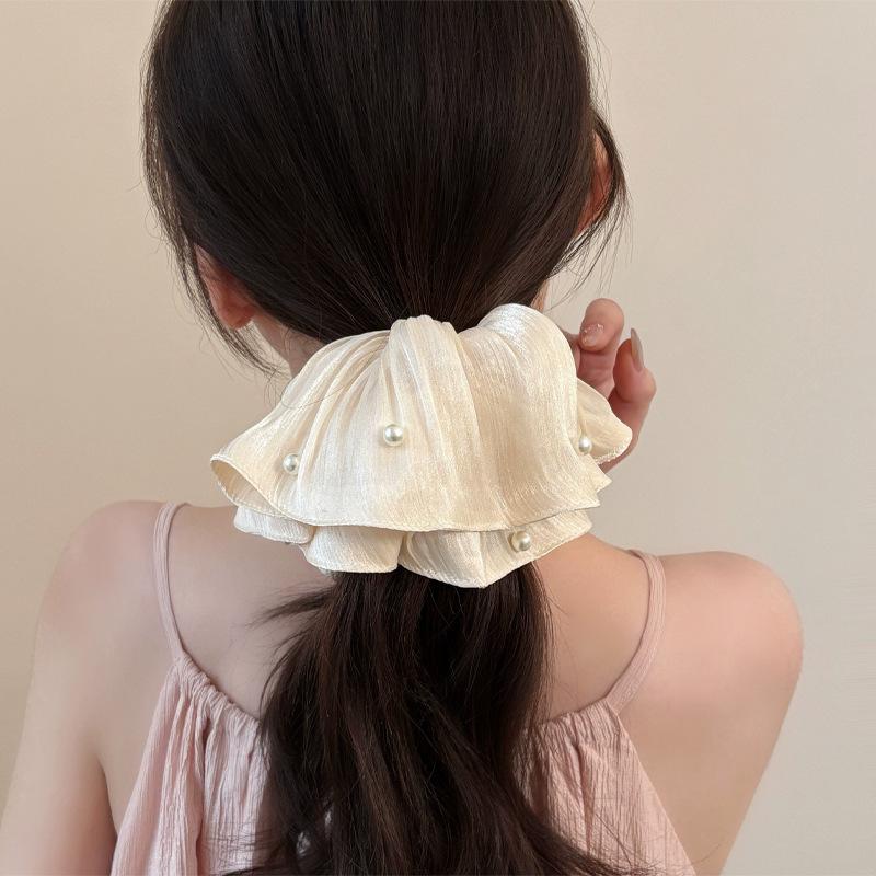 3pcs French Style Silk Nail Bead Large Intestine Hair Ring High End Fluffy Pleated Headband with Gentle and Versatile Hair Tie