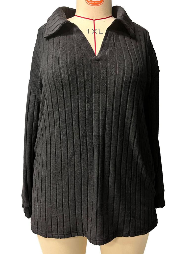 2025 Autumn/Winter Women's Plus Size V-Neck Ribbed Brushed Long Sleeve Top