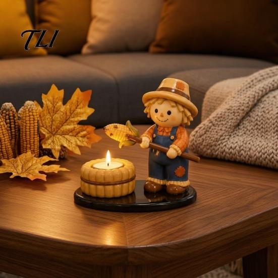 Rustic Yard Decoration Halloween Resin Scarecrow/Ghost/Mummy Candle Holder, Decorative Bonfire Tea Light Hand Painted Table Centerpiece Camping Scene