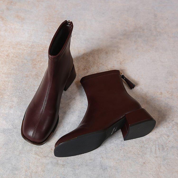 

Temperament квадратный носок молния сбоку толстый каблук короткие сапоги женские 2024 осень и зима новый универсальный стираный узор ретро мода 40