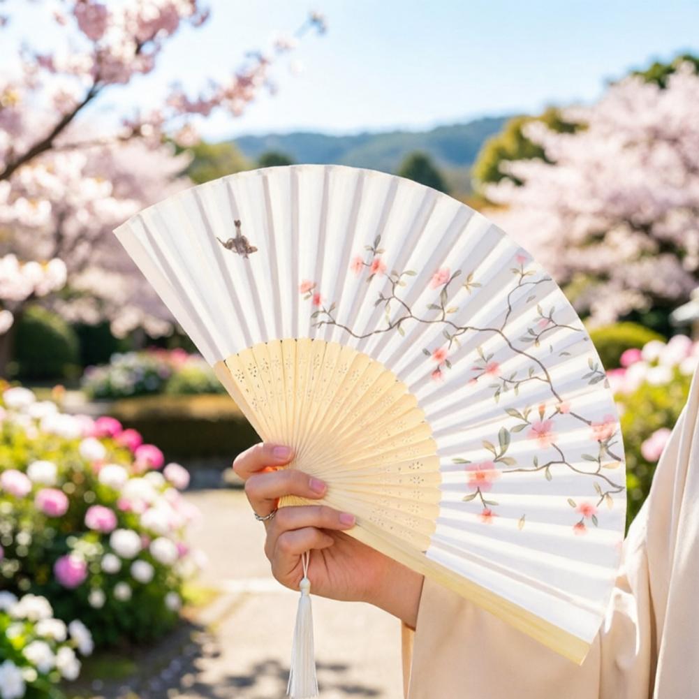Summer Flower Bird Print Folding Fan Chinese Style Retro Tassel Bamboo Hand Held Fan Dancing Perform Decoration Craft Faux Fans
