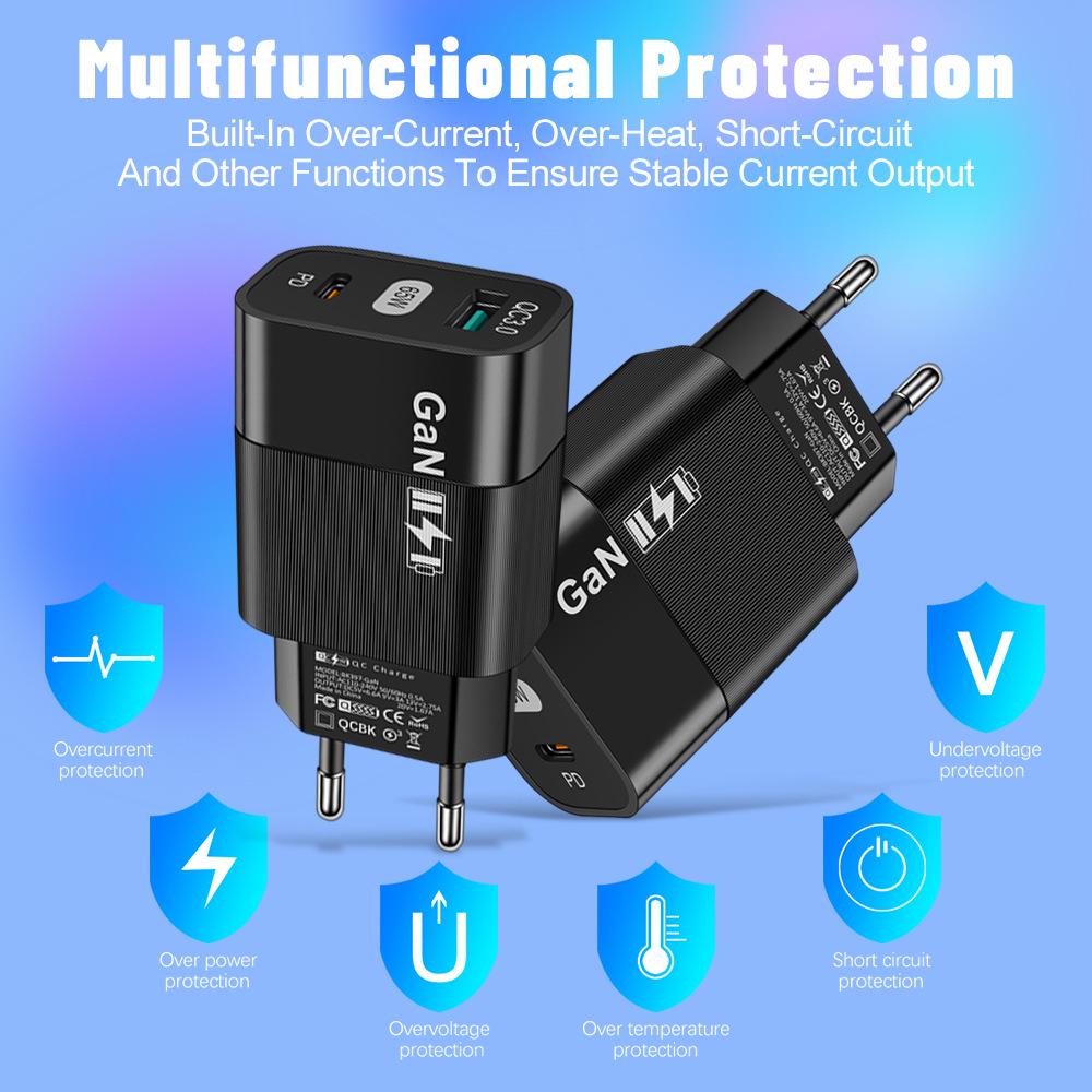 65W GaN USB-C Fast Charger with EU/US/UK Adapter
