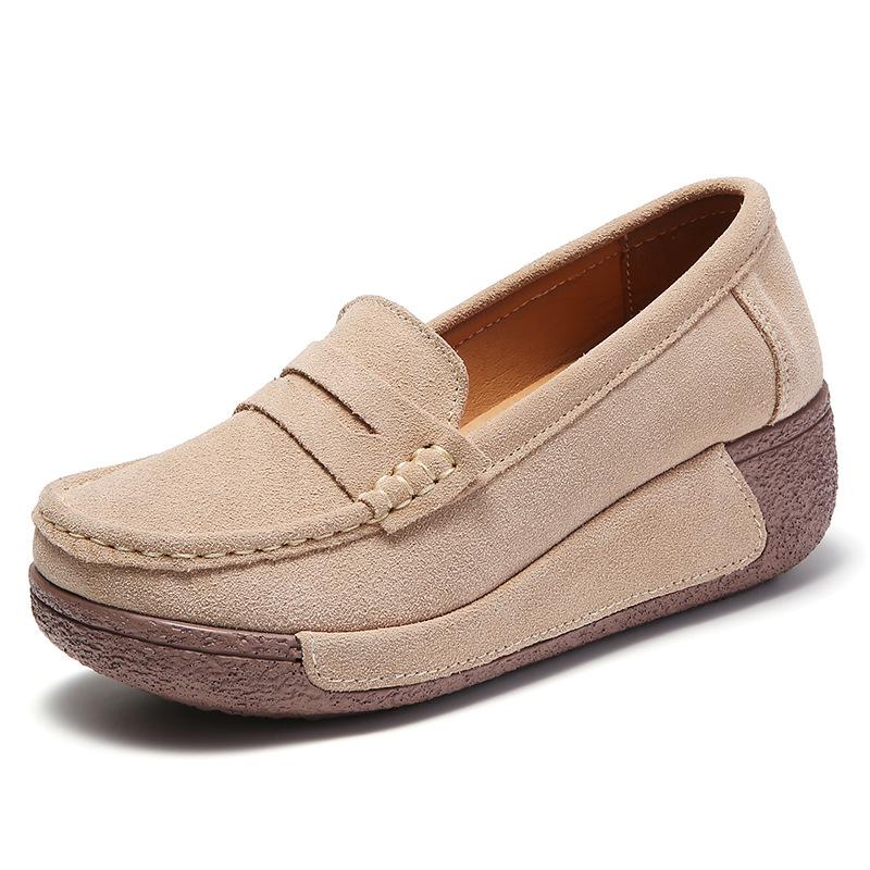 Women Platform Shoes 5cm High Retro Suede Wedge Loafers Non-Slip Casual Walking Shoes Height Increasing
