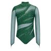 Leotardo de patinaje artístico para niñas Cuello alto Manga larga Espalda descubierta Parche de malla Patchwork Brillante Pedrería Bodis