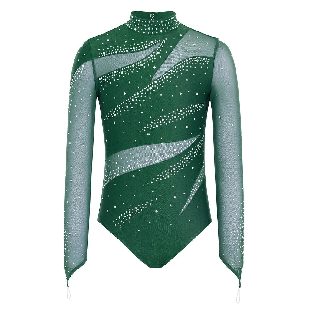Leotardo de patinaje artístico para niñas Cuello alto Manga larga Espalda descubierta Parche de malla Patchwork Brillante Pedrería Bodis