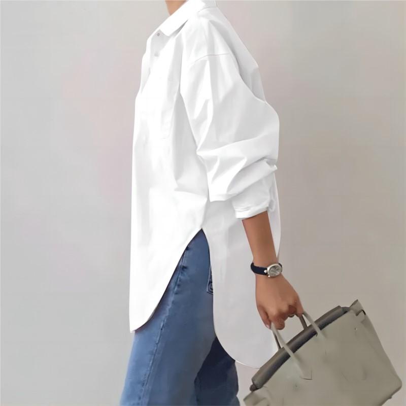 Elegant Women Long Sleeved Shirt 2026 Fashionable Women's Spring and Autumn Solid Color Split Hem Loose OL Work Shirt White