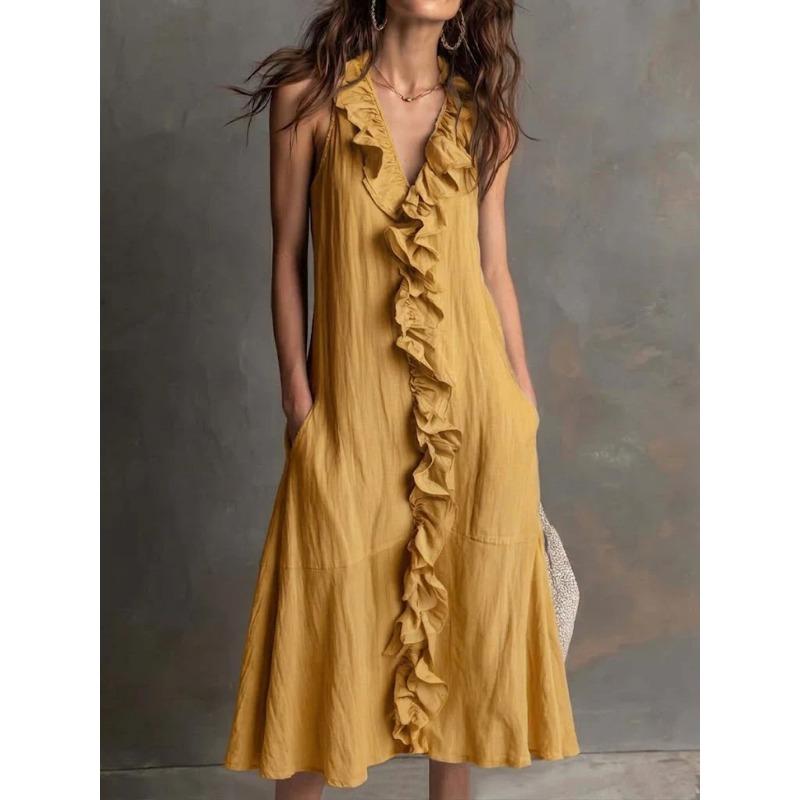 QICED Fashion Summer Spring Solid Color Print Sleeveless V-Neck Casual Dresses