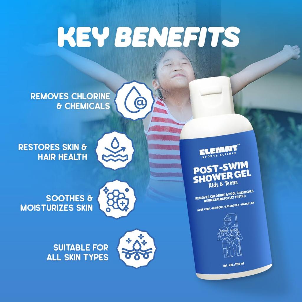 Elemnt Post Swim Shower Gel for Kids & Teens | Chlorine & Odour Cleansing Body Wash | Dermatologically Tested Shower Gel | Vegan | Nourishing Aft