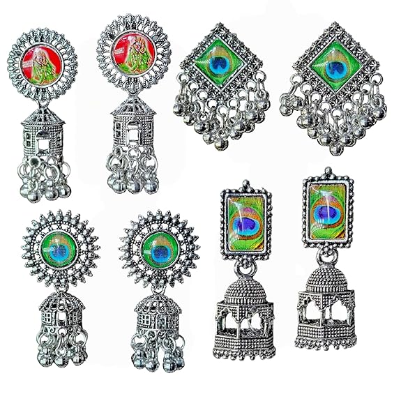 Fashion Latest Traditional Oxidized Silver and Antique Golden Base Metal Dangle and Drop (COMBOs of 4) Jhumki Earrings for Women & Girls