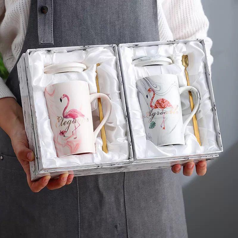 Marble Mug Ceramic Cup Gift Box Coffee Cup Couple Creative Water Cup with Lid Spoon