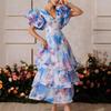 Neues europäisches und amerikanisches Promi-Schwerindustrie-V-Ausschnitt-Kleid Kuchenrock-Design Sinn gedruckter Lotosblatt-Ärmel langes Kleid