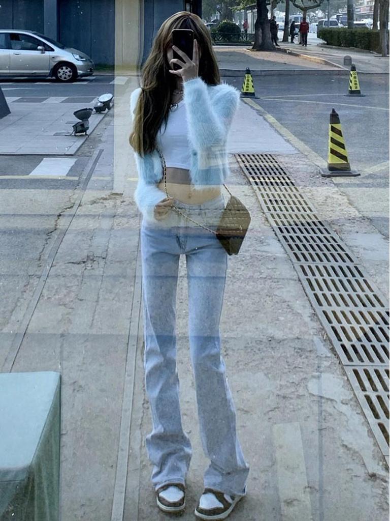 Women's Black High-Waisted Slim-Fit Micro-Flared Jeans, Petite, Spring/Autumn 2023 Collection, Floor-Length.