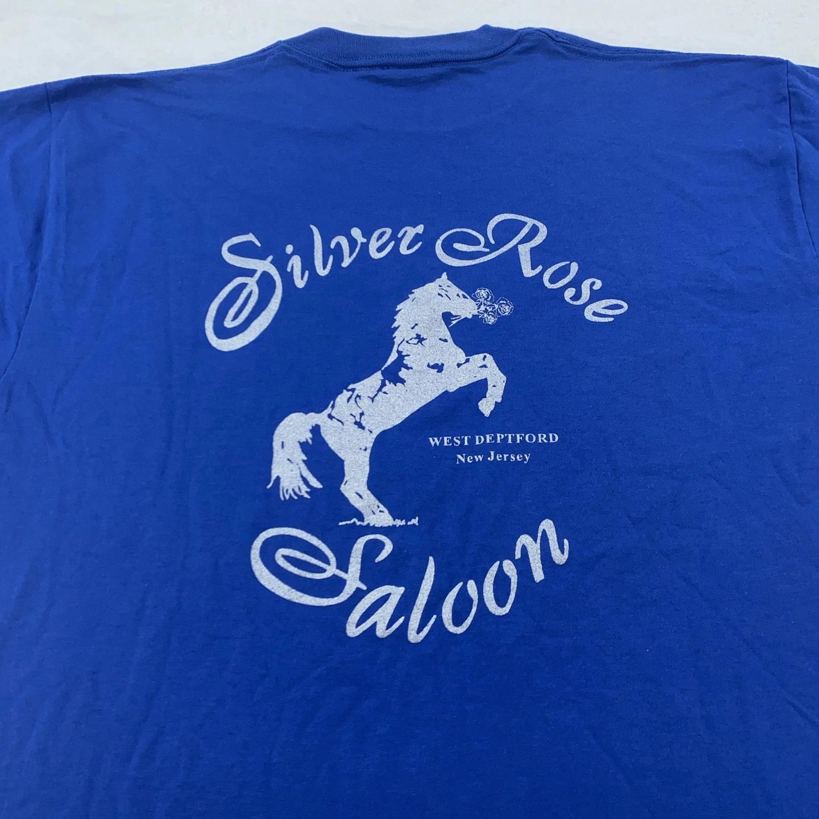 

Vintage Silver Rose Saloon Shirt Mens Large Blue West Deptford NJ Bar Horse 90s S