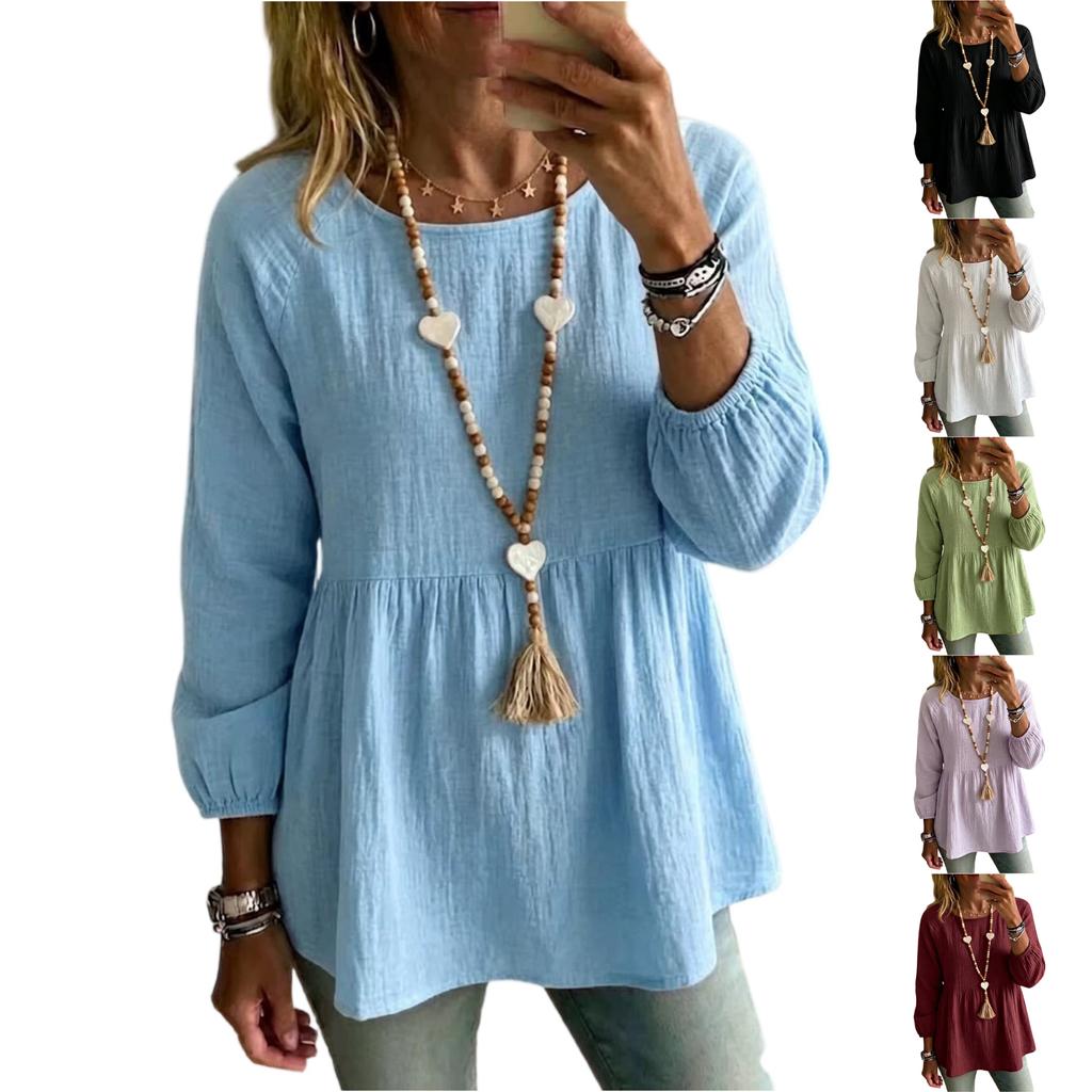 Damen Casual Langarmbluse Lockere Passform Rundhalsausschnitt Laternenärmel Bequem Leichtes Hemd Top für den Alltag