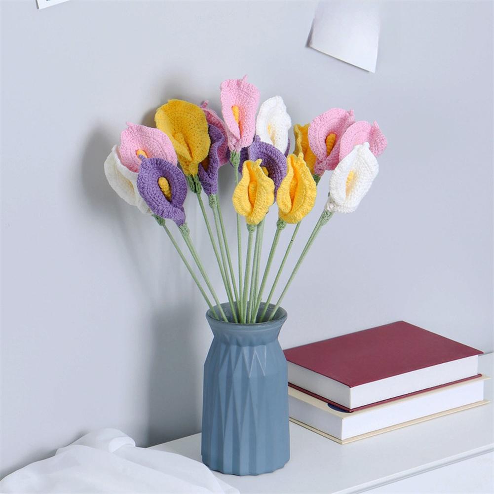 Handmade Crochet Calla Lily Flower Bouquet Artificial Floral Arrangement for Home Decor and Office Styling with Dried Flowers