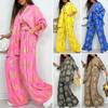 Women's 2 Piece Outfits Oversized Print Long Sleeve Button Down Shirt Elastic Waist Wide Leg Pants Set Casual Lounge Suit