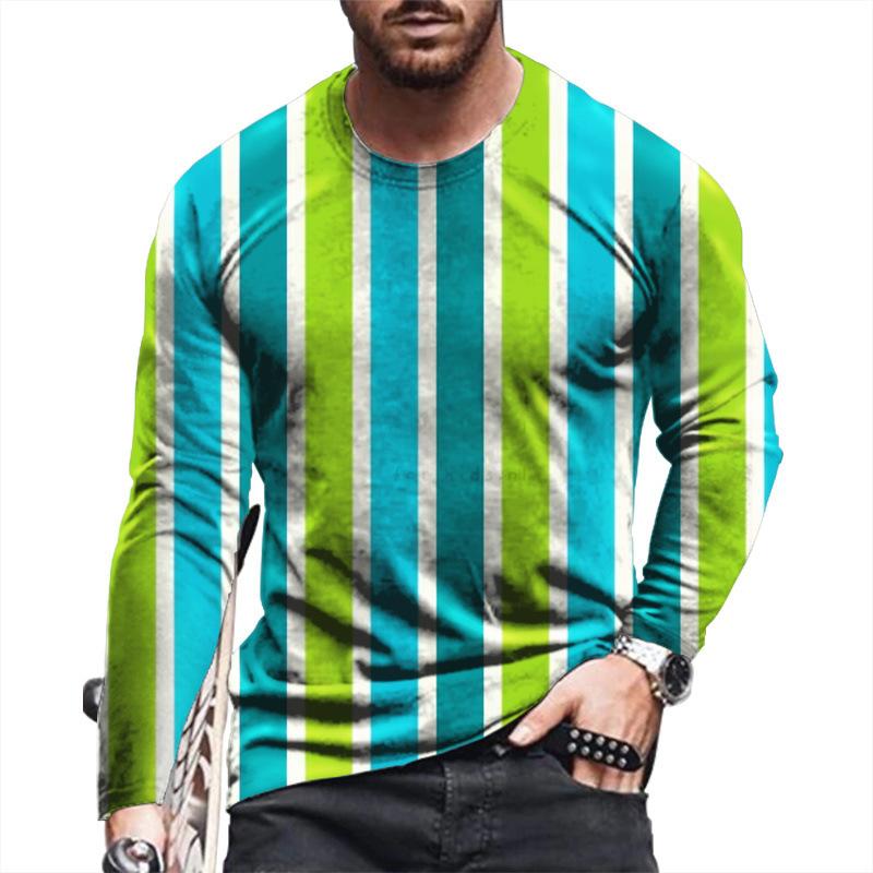 Spring and Autumn Round Neck 3D Stripe Printed Top Fashionable Casual Long Sleeved Men's T-shirts
