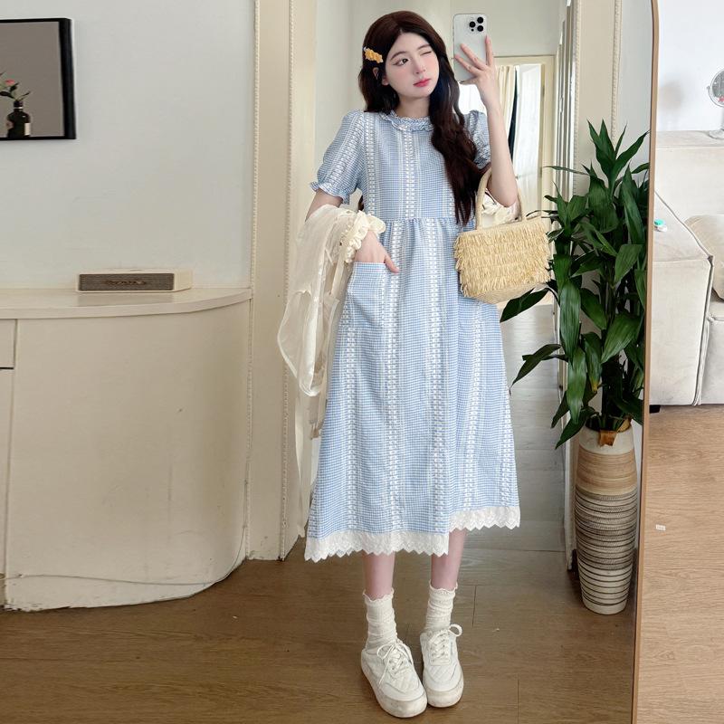 

New 2026 Style: Blue & White Plaid Lace Two-Piece Dress for Pregnant Women - Korean Sweet Chic Large
