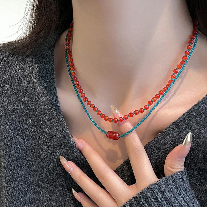 Retro Red Blue Contrast Colorful Natural Stone Cubes Beaded Necklace for Women Wholesale Beads Strand Chokers Aesthetic Jewelry