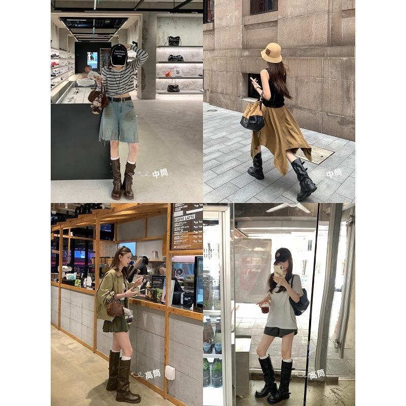 Cowhide~ Height Increased 6cm Belt Buckle Pleated Medium and High Boots Leather Knight Boots Women's Pants Tube Boots