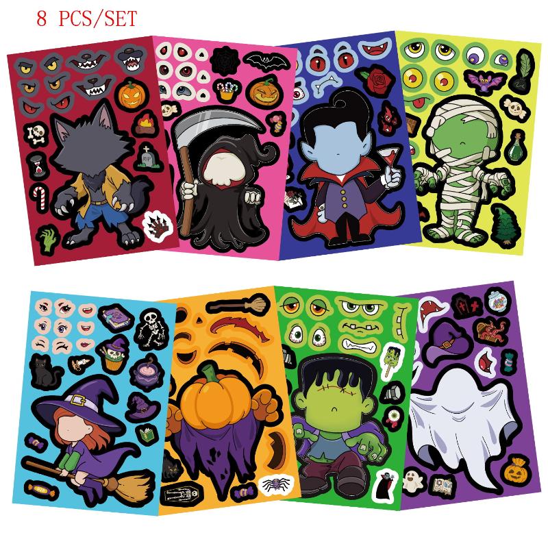 New 8 Sheets DIY Pumpkin Ghost Assemble Jigsaw Educational Game Make A Face Puzzle PVC Sticker Kids Party Favors Gift Toy